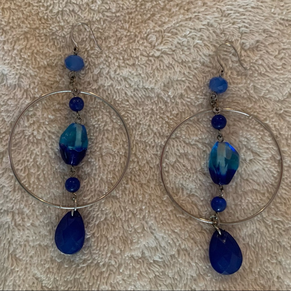 Mix It Dangle Pierced Earrings/Silver Hoop w/3 Shades of Blue Beads/3 Inch/EUC